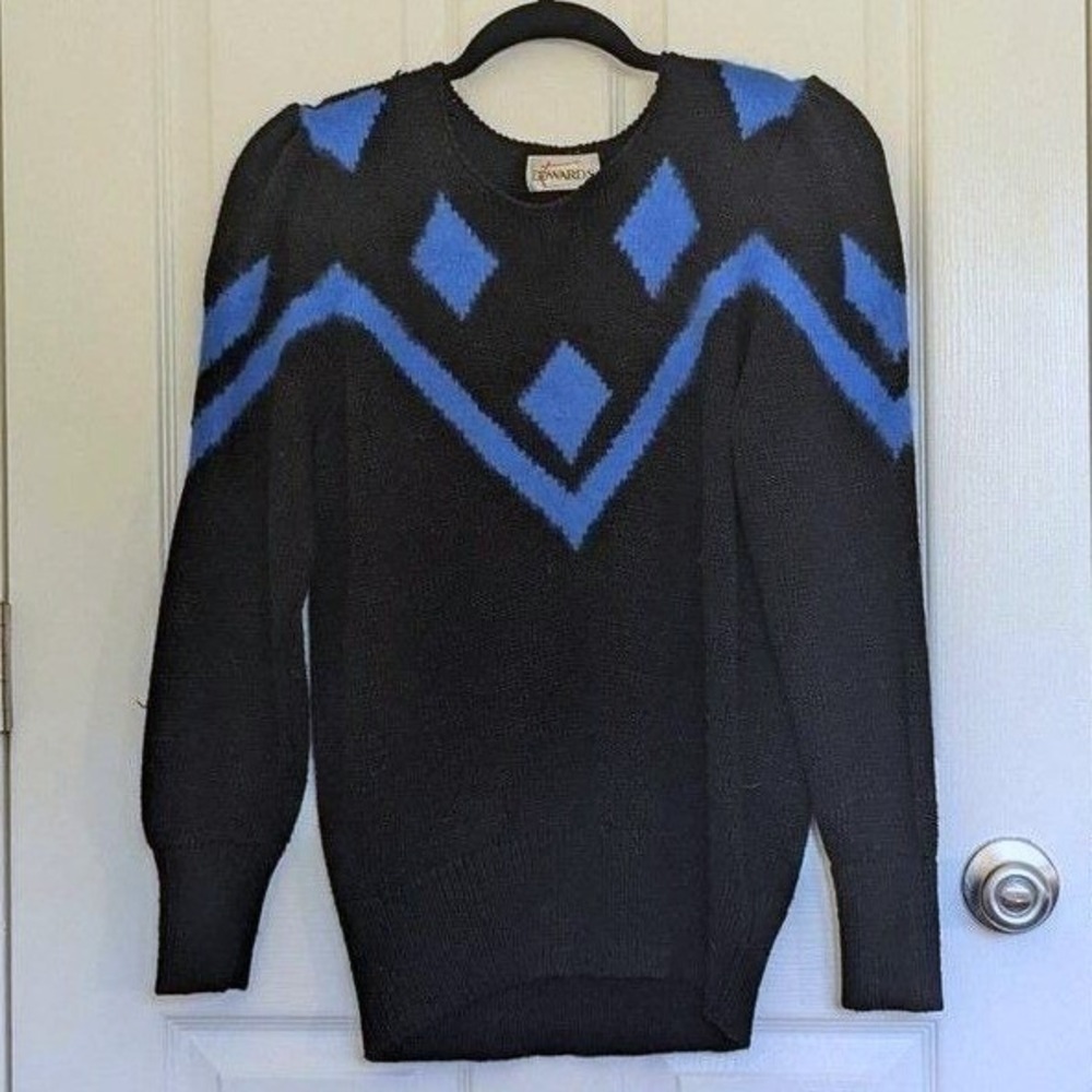 Vtg‎ 80s Geometric Diamond Lambswool Blend Sweater Black Royal Blue Womens Sz M